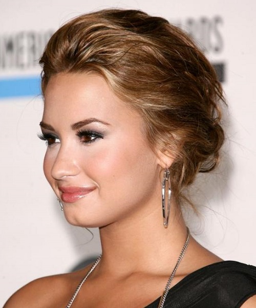 Lovato Curly Caramel Brunette Updo Hairstyles